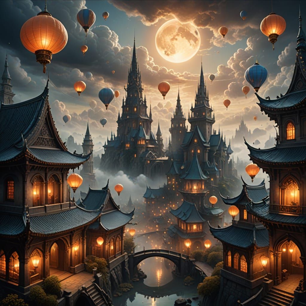 Ethereal Fantasy City Ascends Among Clouds in Warm, Golden L...