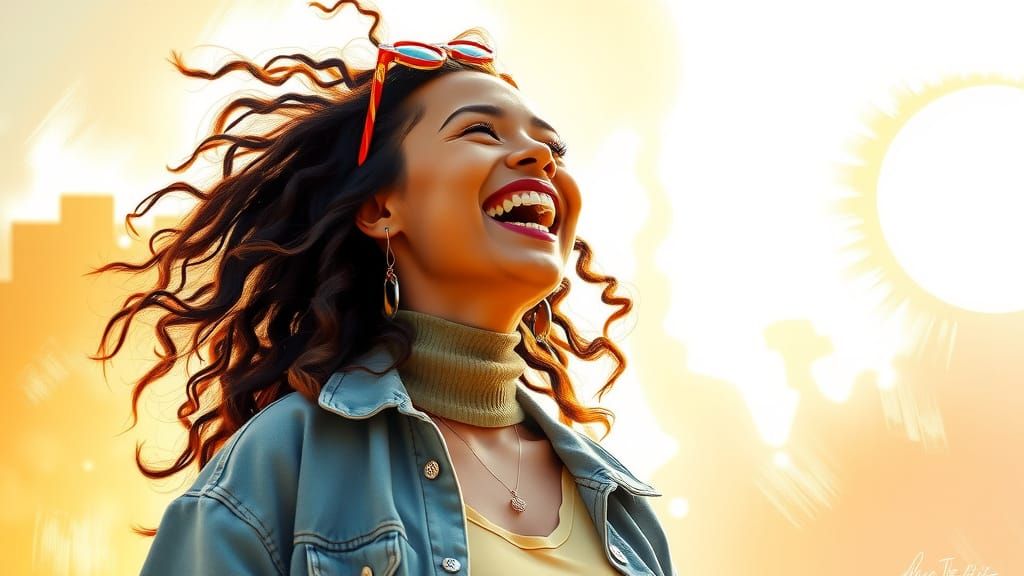 Joyful Woman Laughing in Sunlight: Digital Illustration