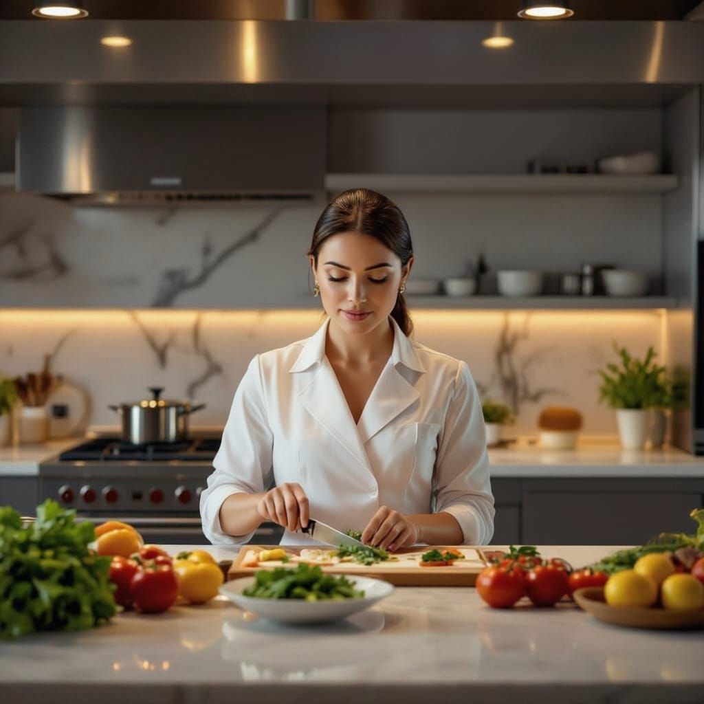 Woman's Dual Worlds: Serene Kitchen vs. Corporate Dreams