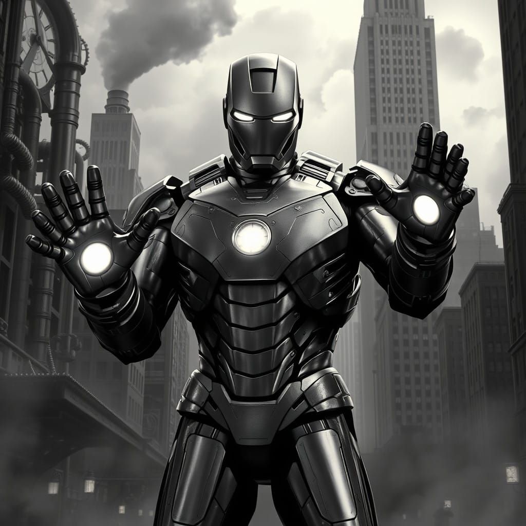 Heroic Metropolis Iron Man in Monochromatic Noir Style