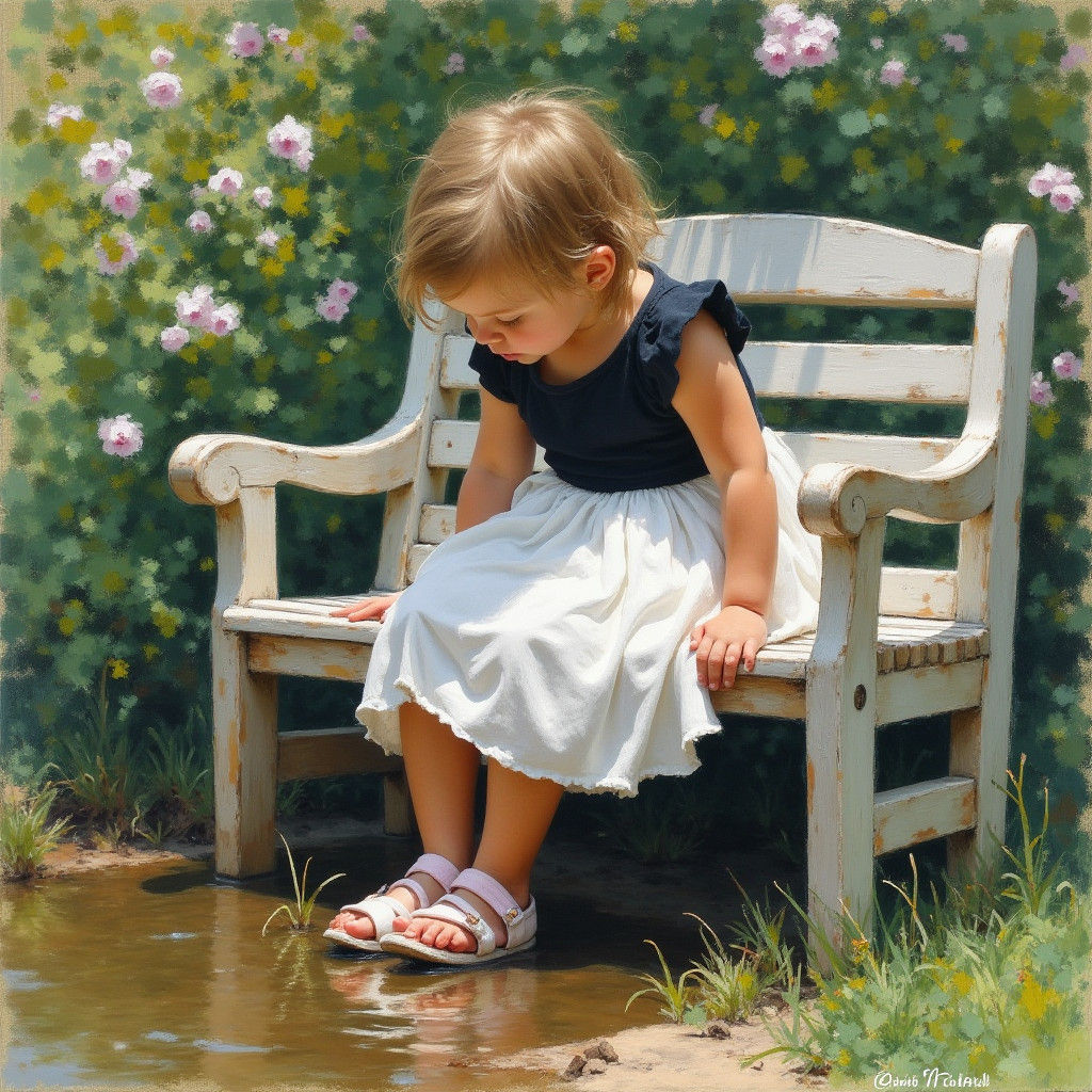 Little Girl Washes Feet in Garden Oasis