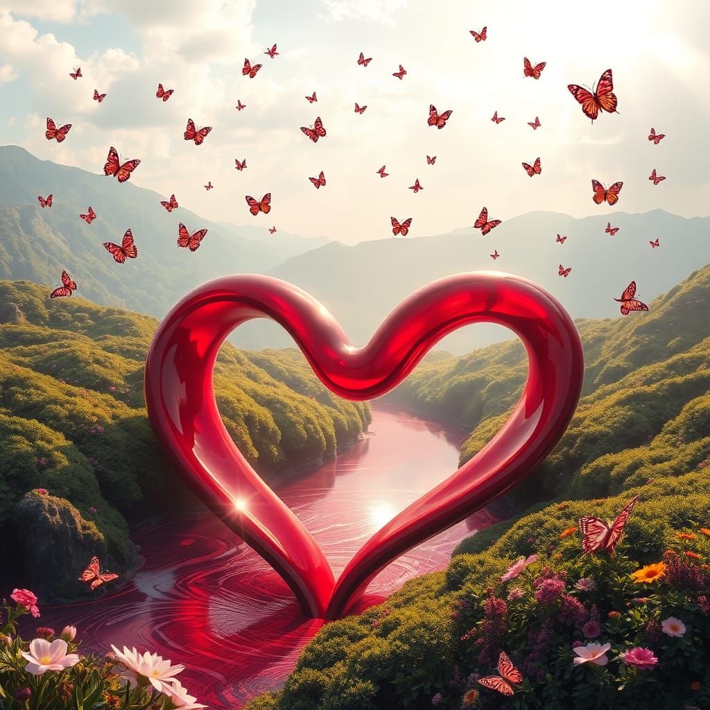 Crimson Heart River with Butterflies