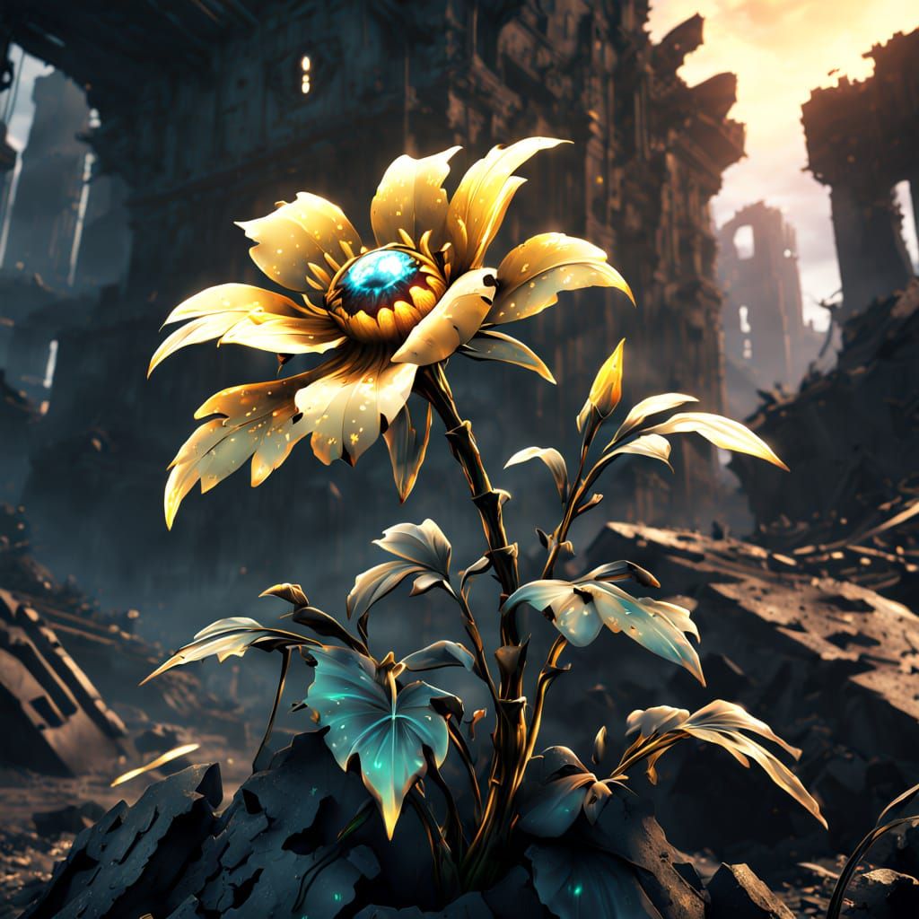 Cyberpunk Flower Grows in Post-Apocalyptic Ruins
