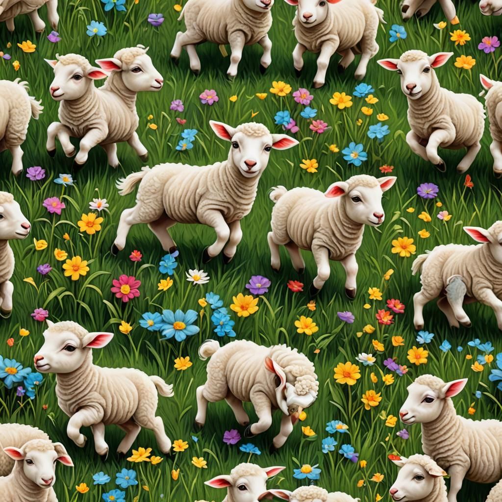 Happy Lambs Bouncing in Lush Pasture: 3D Shading