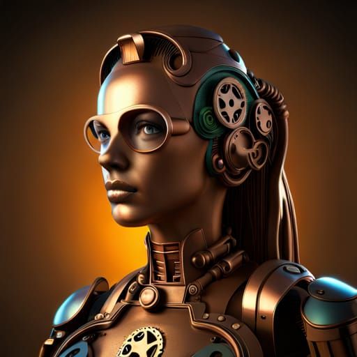 Steampunk Robot Woman with Copper Gears
