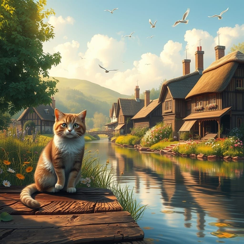 Whimsical Countryside Village in Golden Light