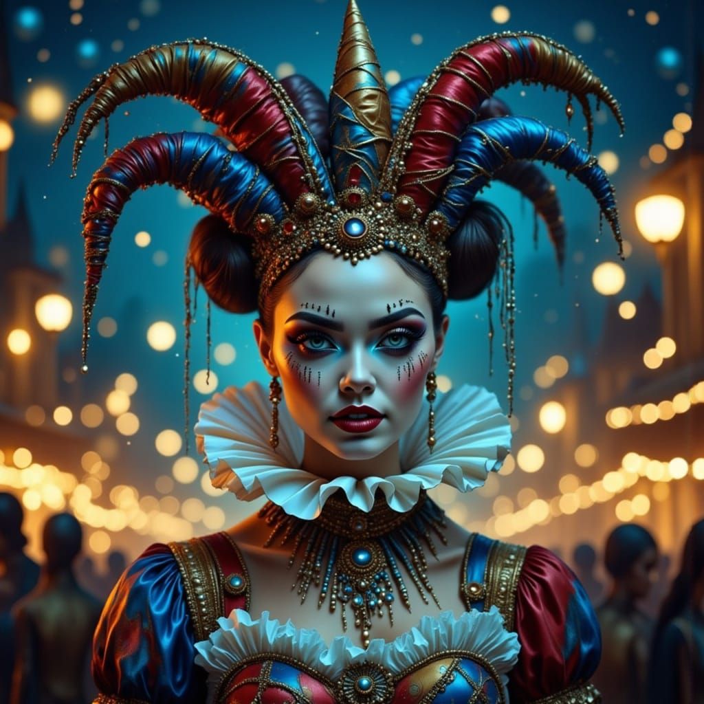 Glamorous Jester Portrait in a Night Carnival