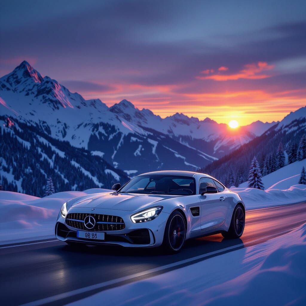 Mercedes GT in Alpine Sunset: Hyperrealistic Digital Art