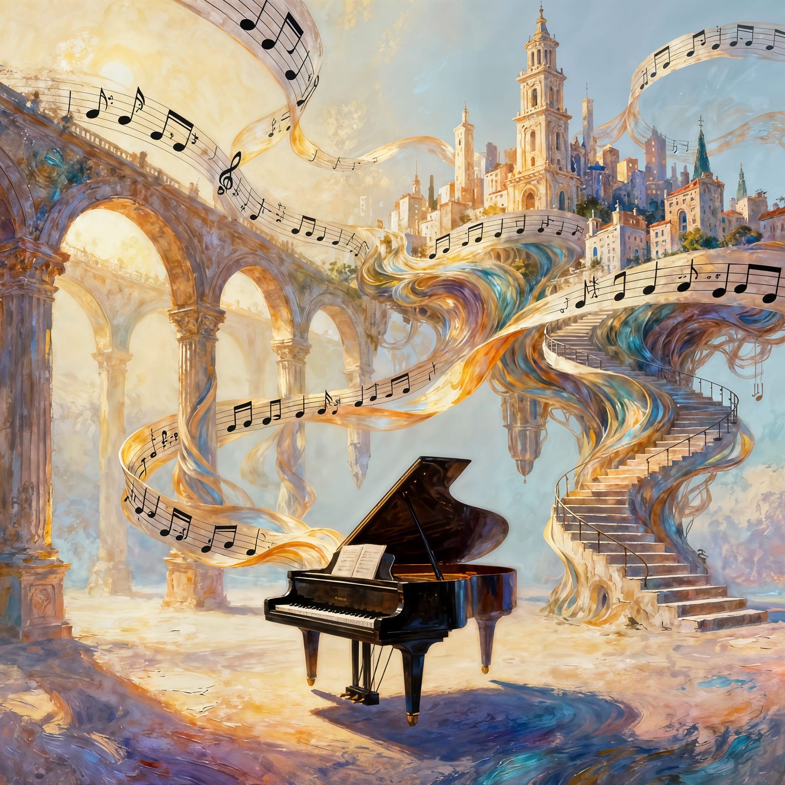 Surreal Piano City of Musical Notes