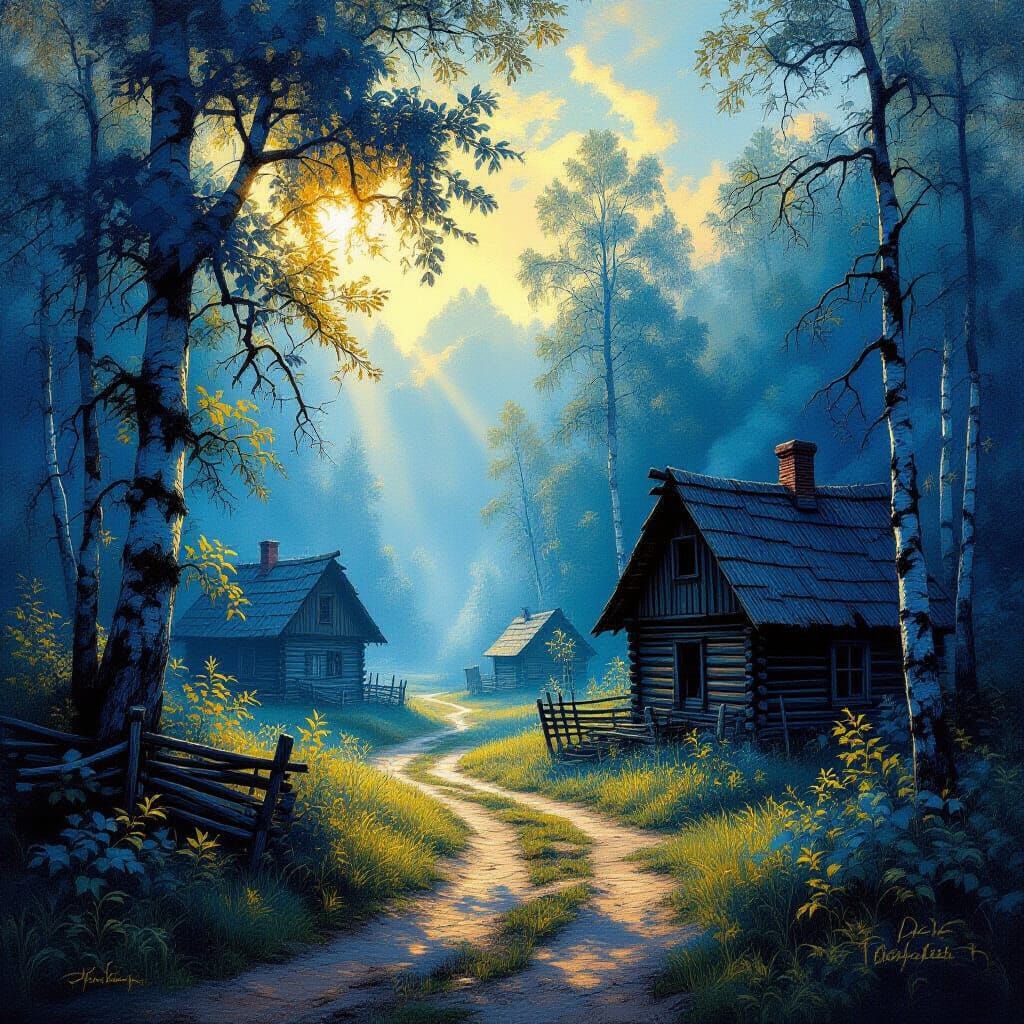 Serene Blue and Gold Forest Oil Painting with Abandoned Vill...