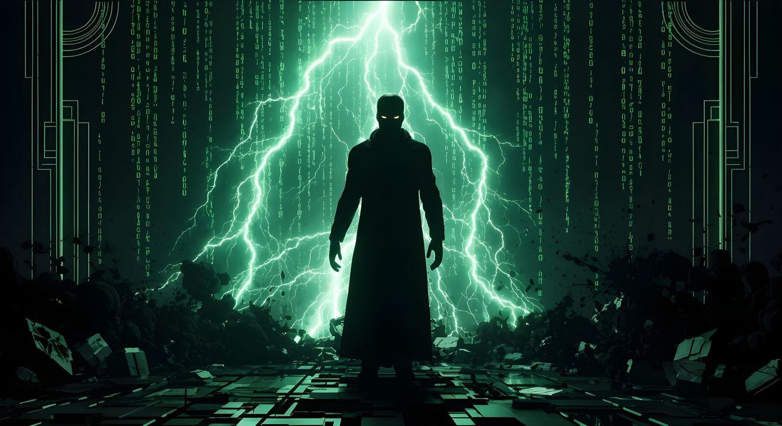 Neon Code Rain in a Cyberpunk Horror Landscape