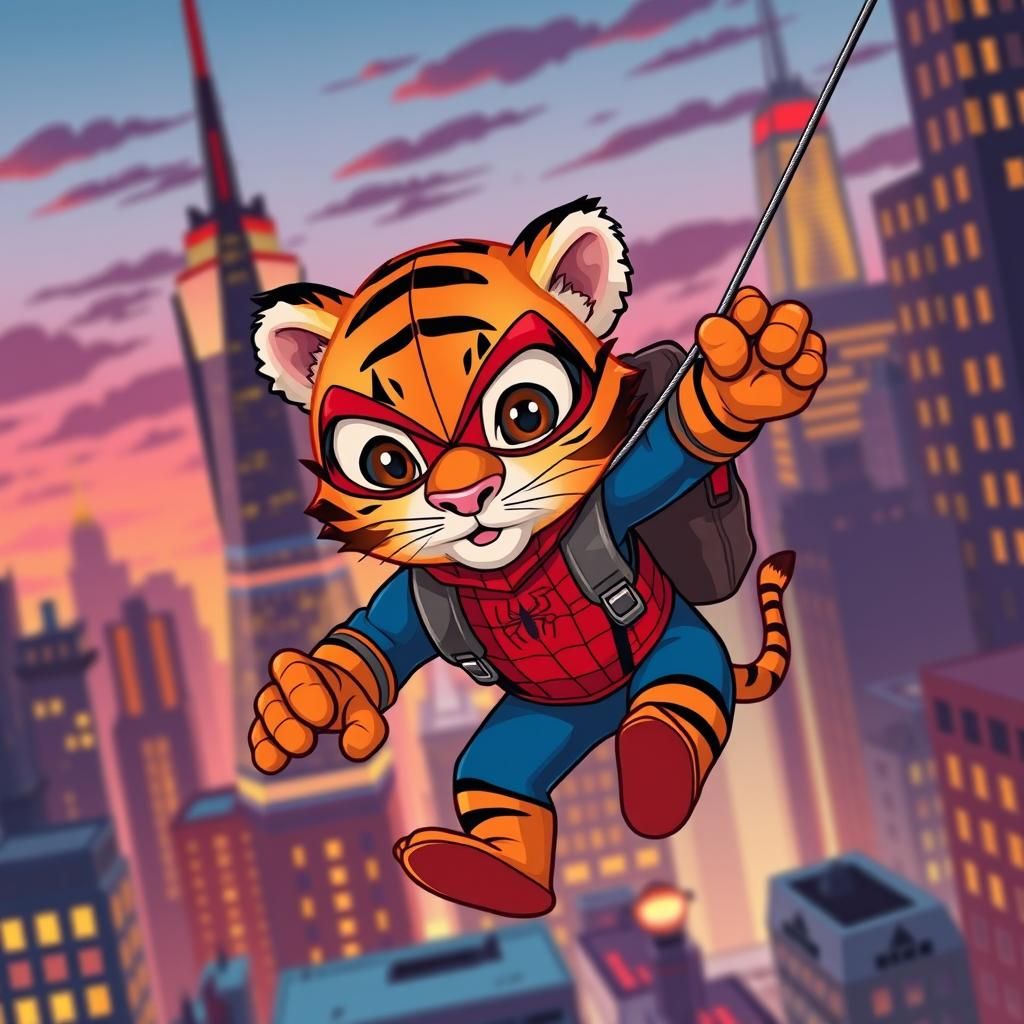 Baby Tiger as Spiderman in Graphic Cityscape