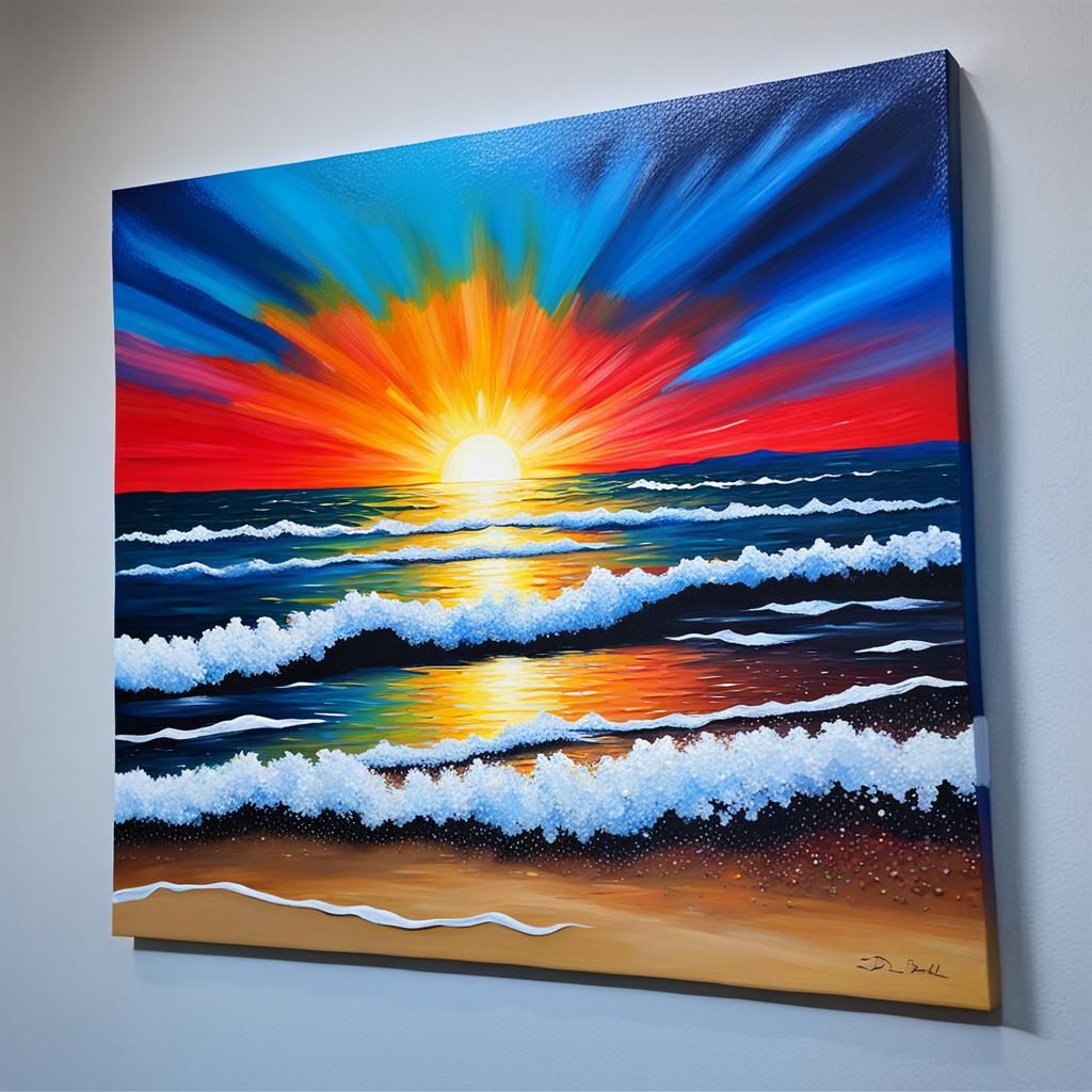 Vibrant Sunset Beach in 3D Acrylic Style