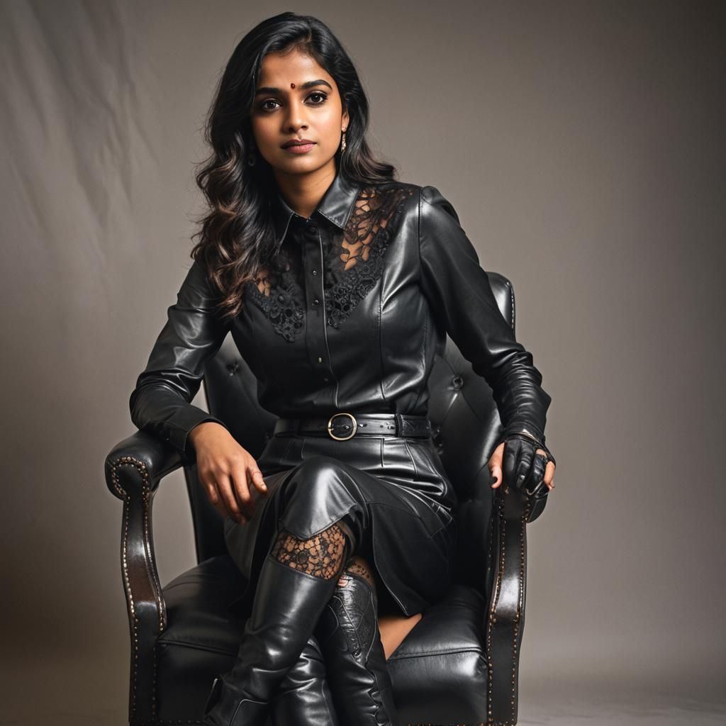 Evocative Portrait of Woman in Leather, Studio Lighting