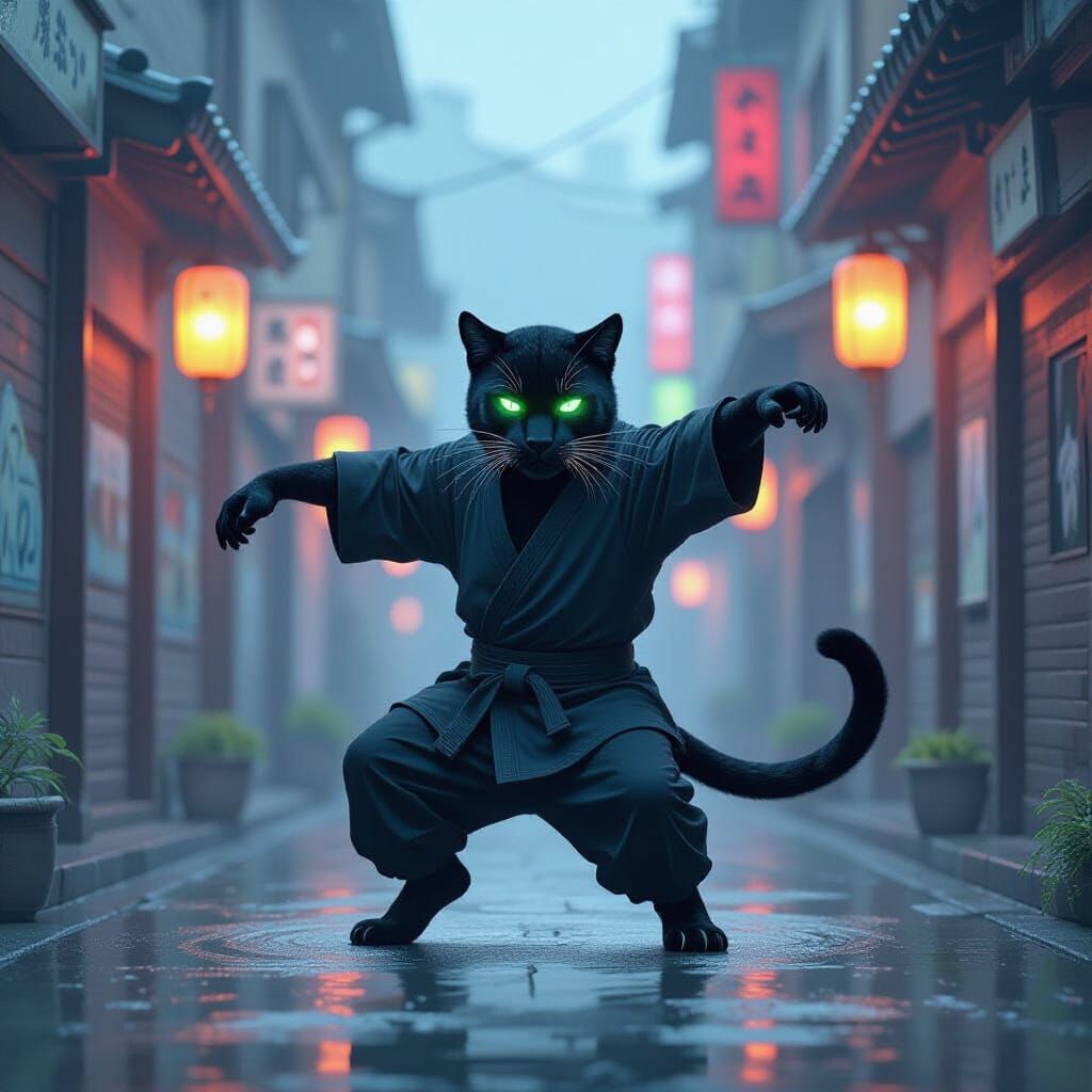 Panther Breakdancing in Retro City, Japanese Ink Wash Style