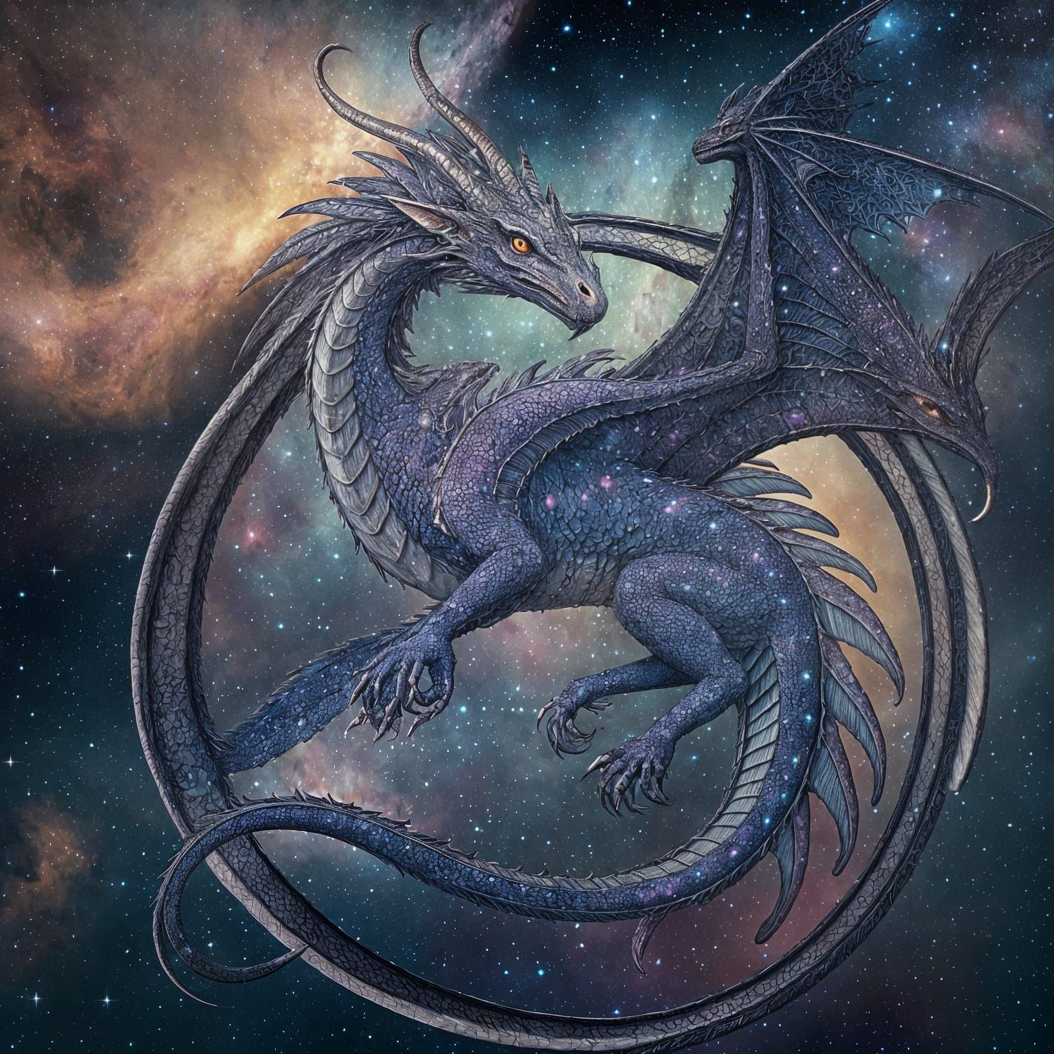 Celestial Dragon Soaring Through Nebula in Art Nouveau Style