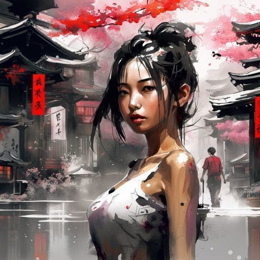 Japanese Office Girl Ink Splash Art