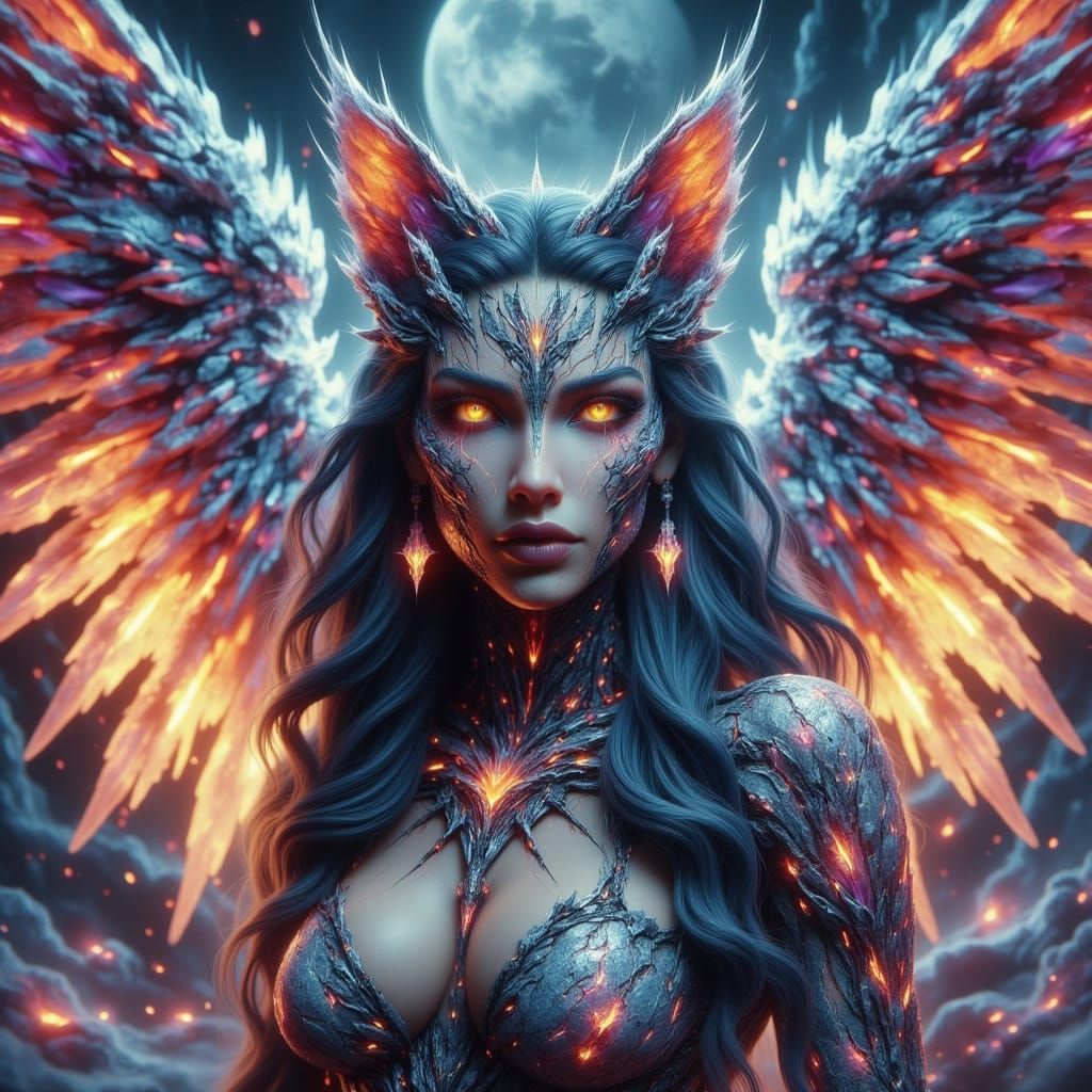 Horned Panther Goddess in Fiery Chariot Descends from Stars