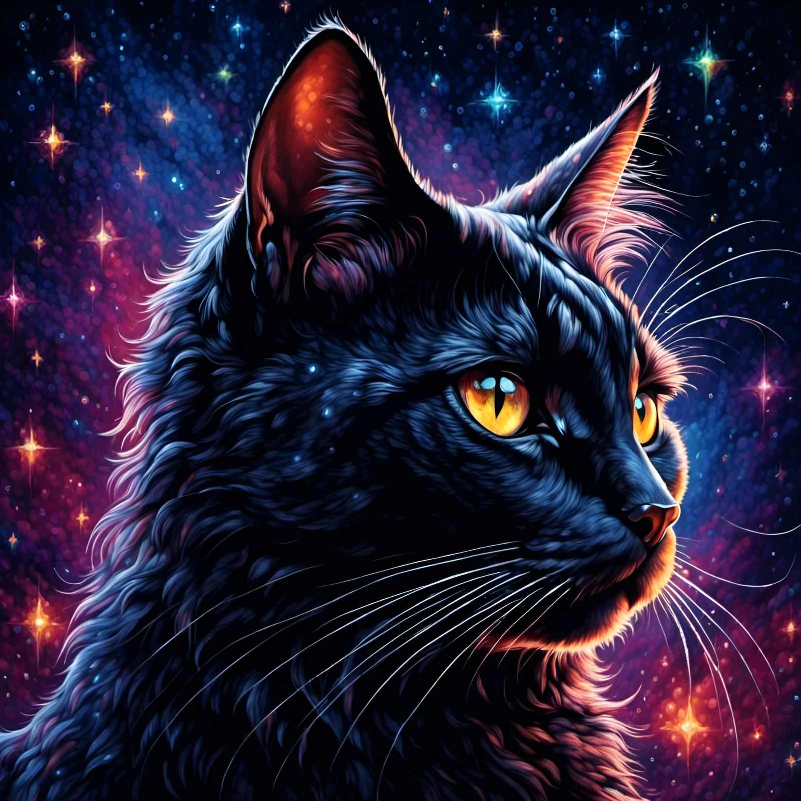Magical Black Cat Portrait Under Starry Sky