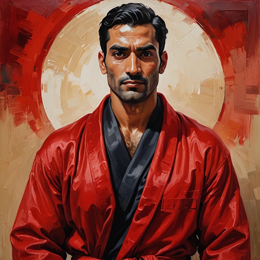 Elegant Man in Red Velvet Robe, Impressionist Style