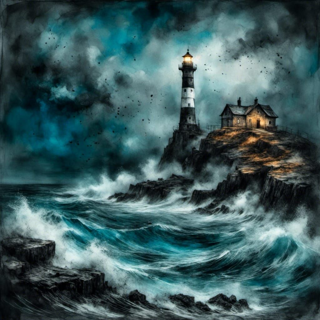 Storm in the ocean, rough coast, light house, charcoal paint...