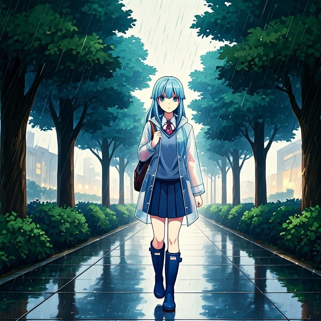 Girl with Blue Hair Walks in Rain, Watercolor Style