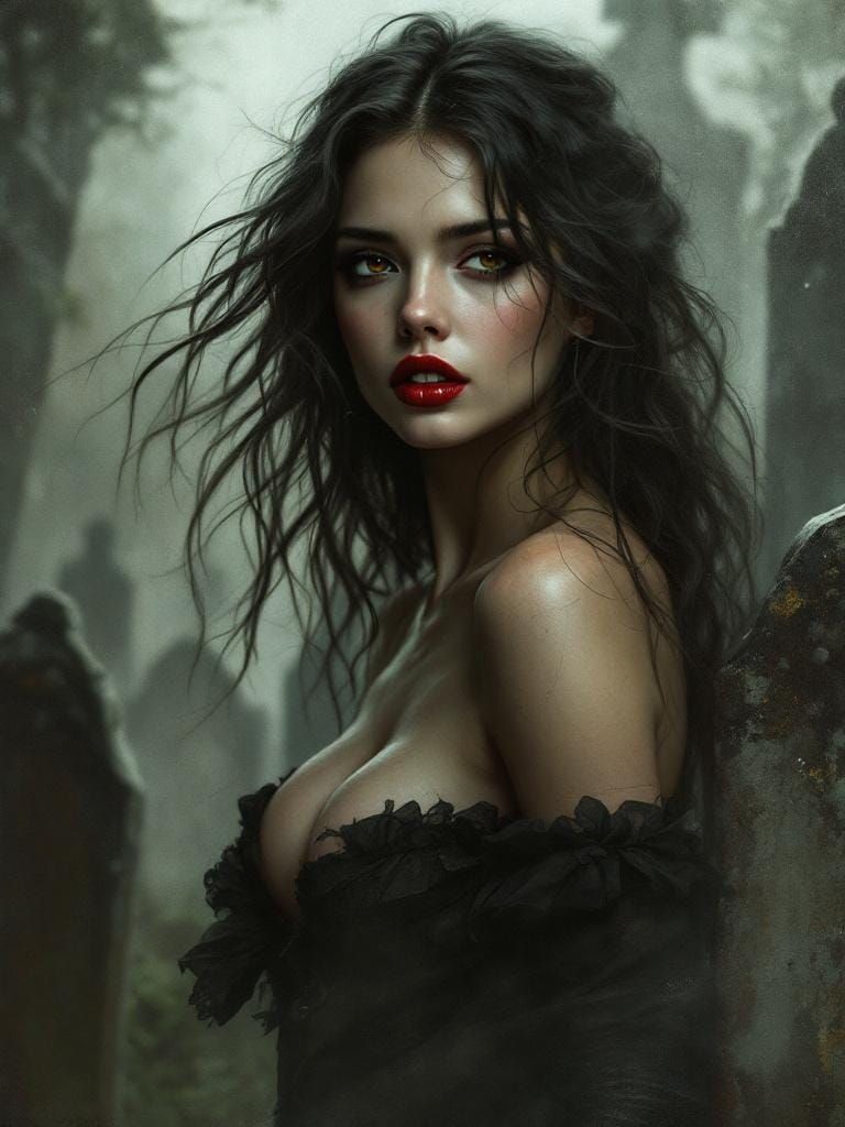 Huntress Emerges from Misty Graveyard in Art Nouveau Style