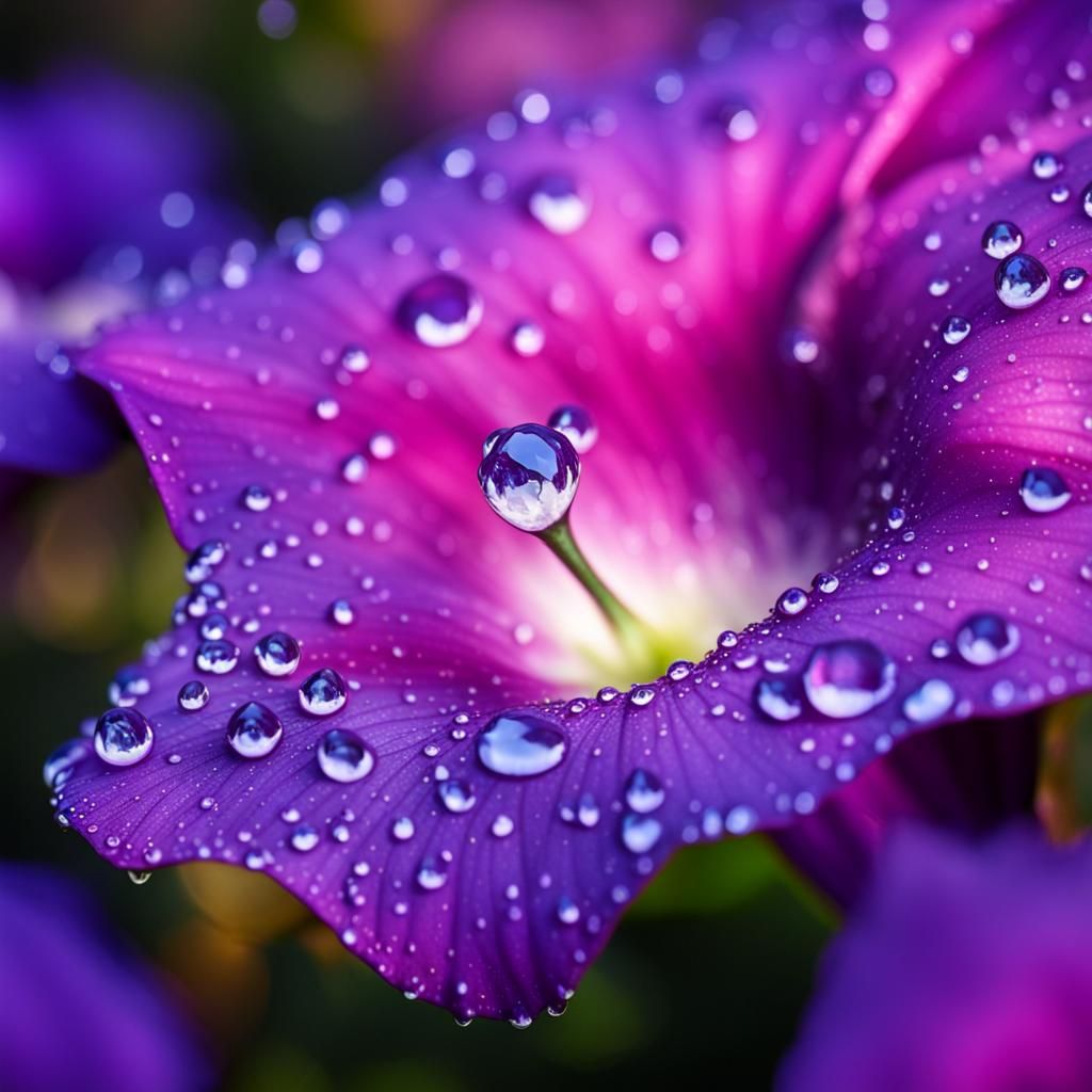 Iridescent Dew Drops on Purple Morning Glory