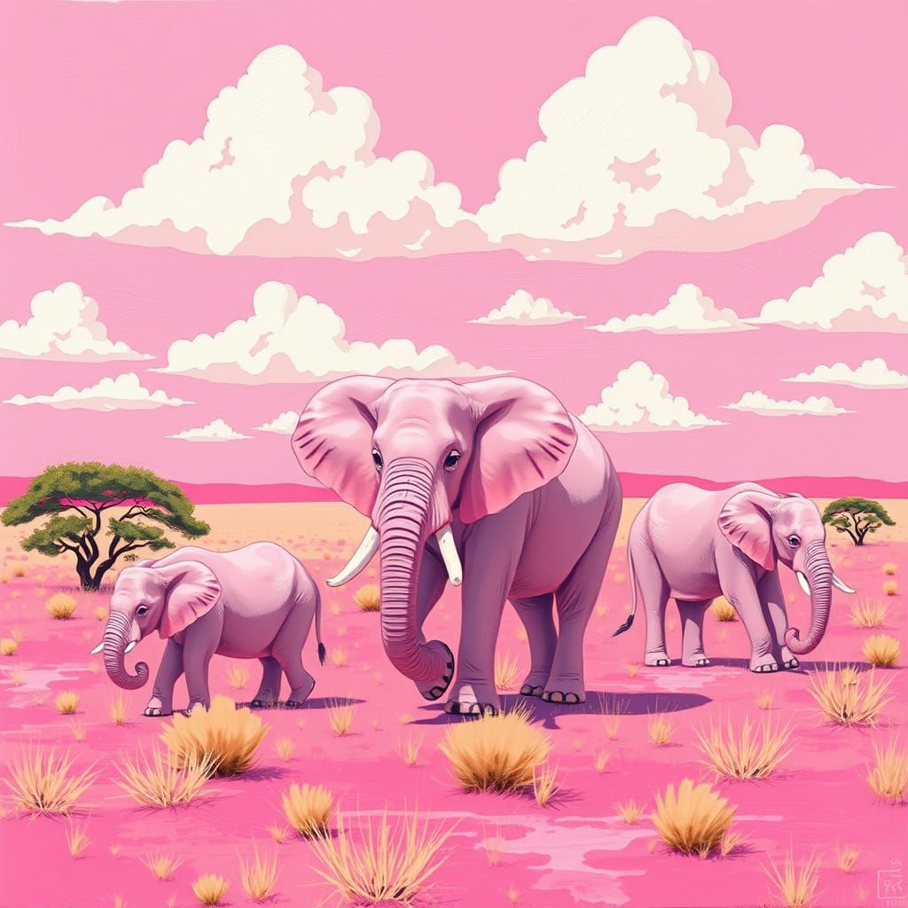 Pink Elephants in Dreamy Pastel Savannah