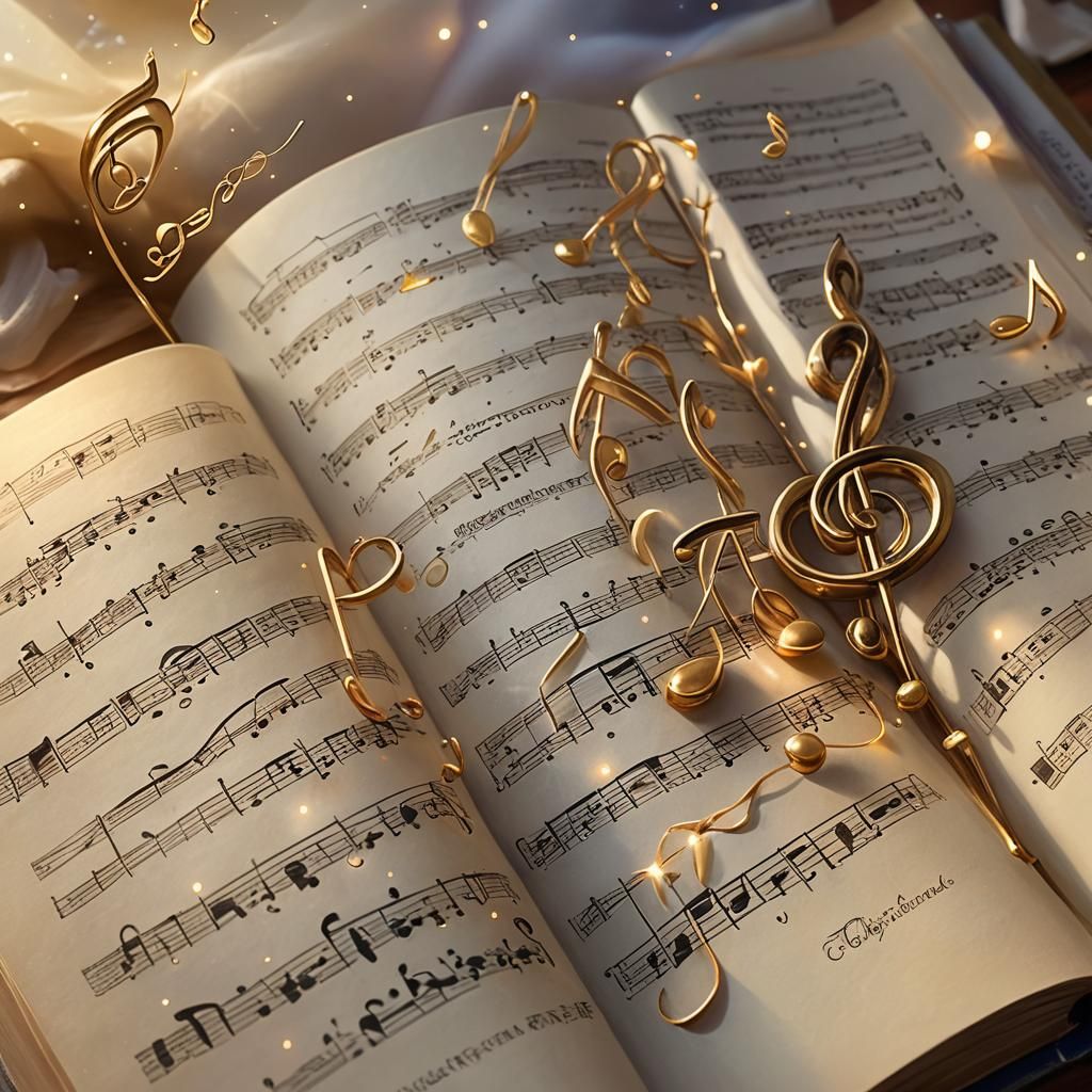 Ethereal Musical Notes Flowing from Book, Oil Painting