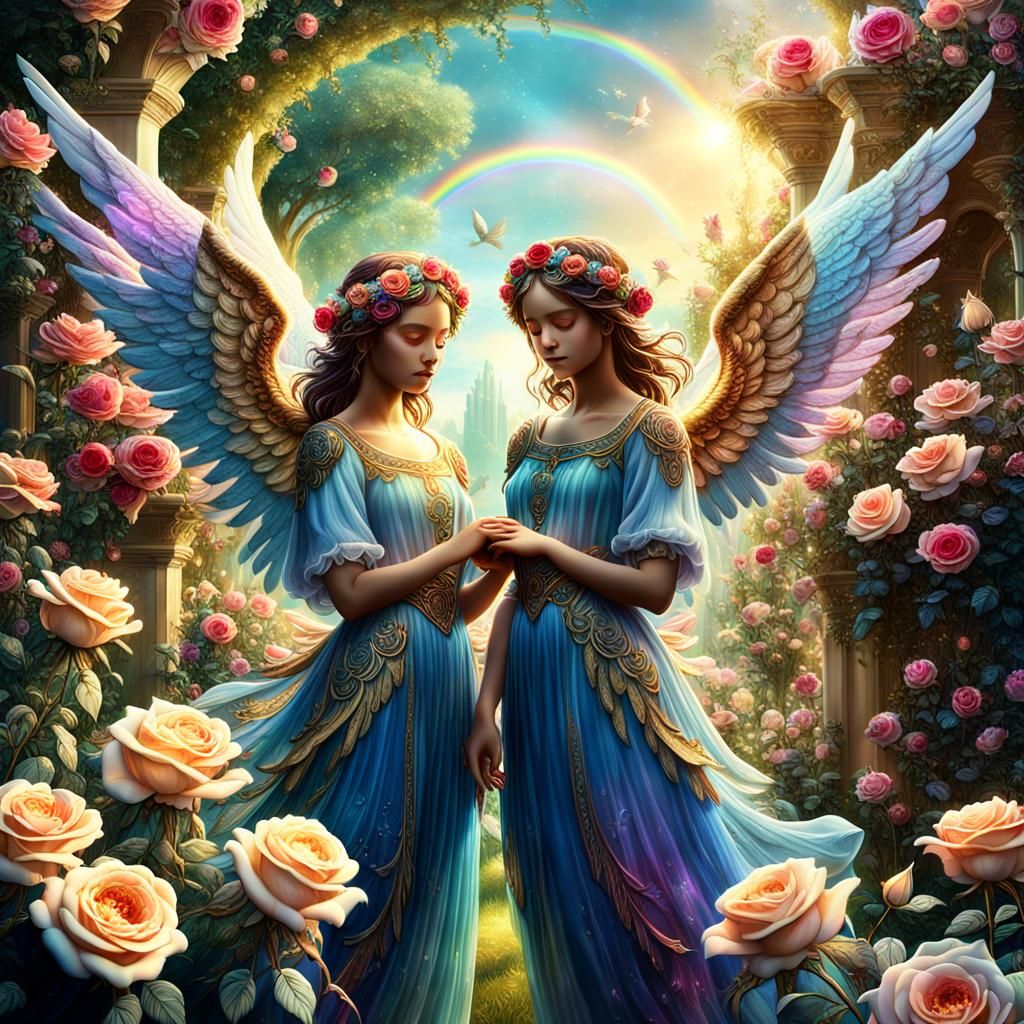 Angels with Roses in a Heavenly Garden