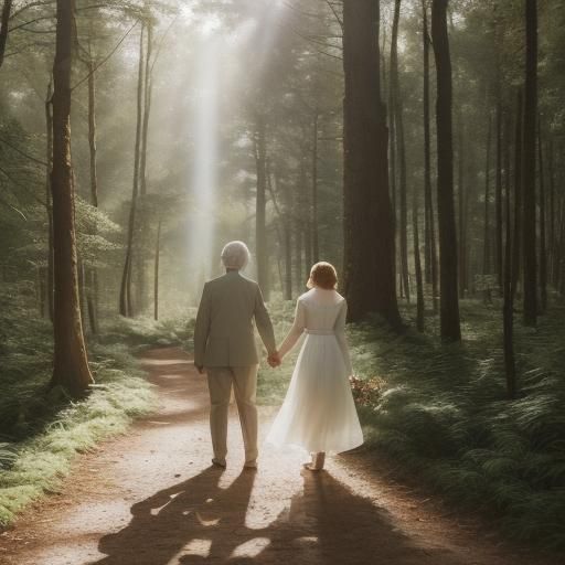 Elderly Couple Walking in Forest with Sunlight