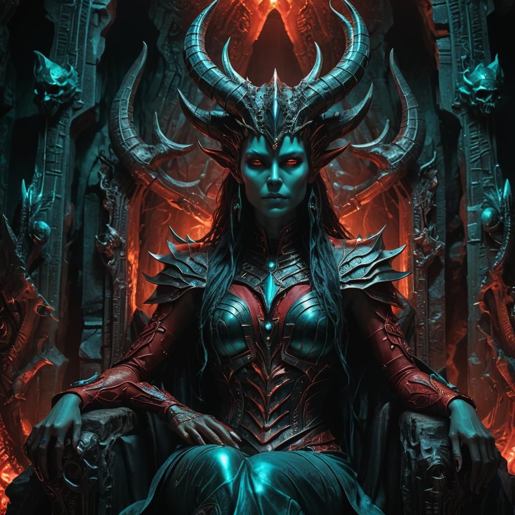 Demon Goddess on Throne in Mystical Cave