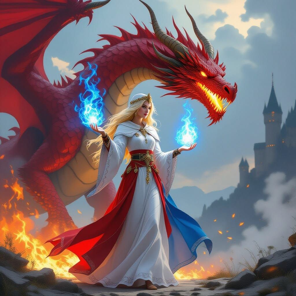 Ethereal Priestess in Fiery Dragon's Glow, Inspired by Stale...