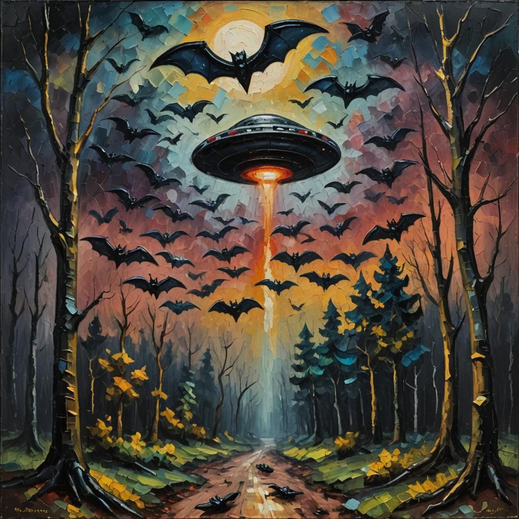 UFO Bat Swarm in Neo-Impressionistic Oil Painting