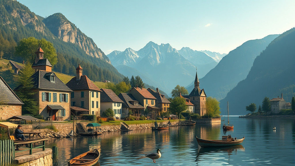 Picturesque French Village by River in Matte Painting