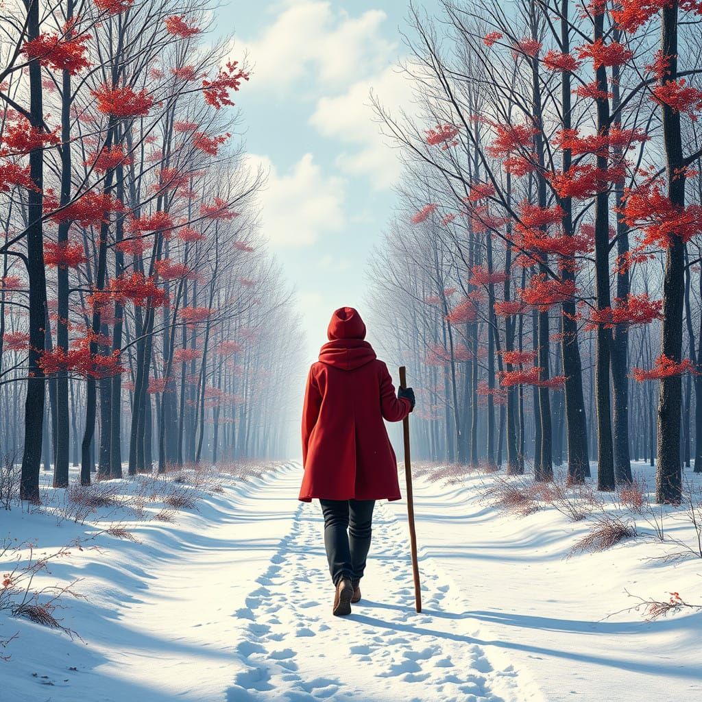 Serenely Walking in Vibrant Red on a Snowy Forest Path
