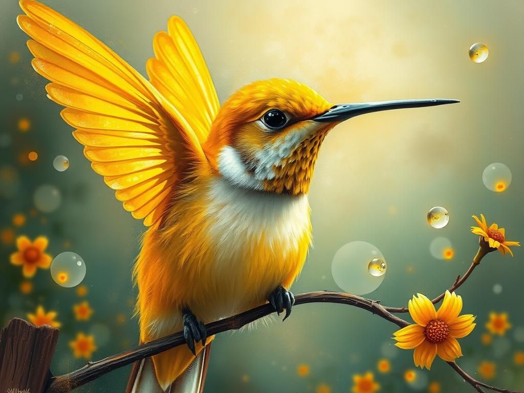 Luminous Yellow Hummingbird in Surrealist Dreamscape