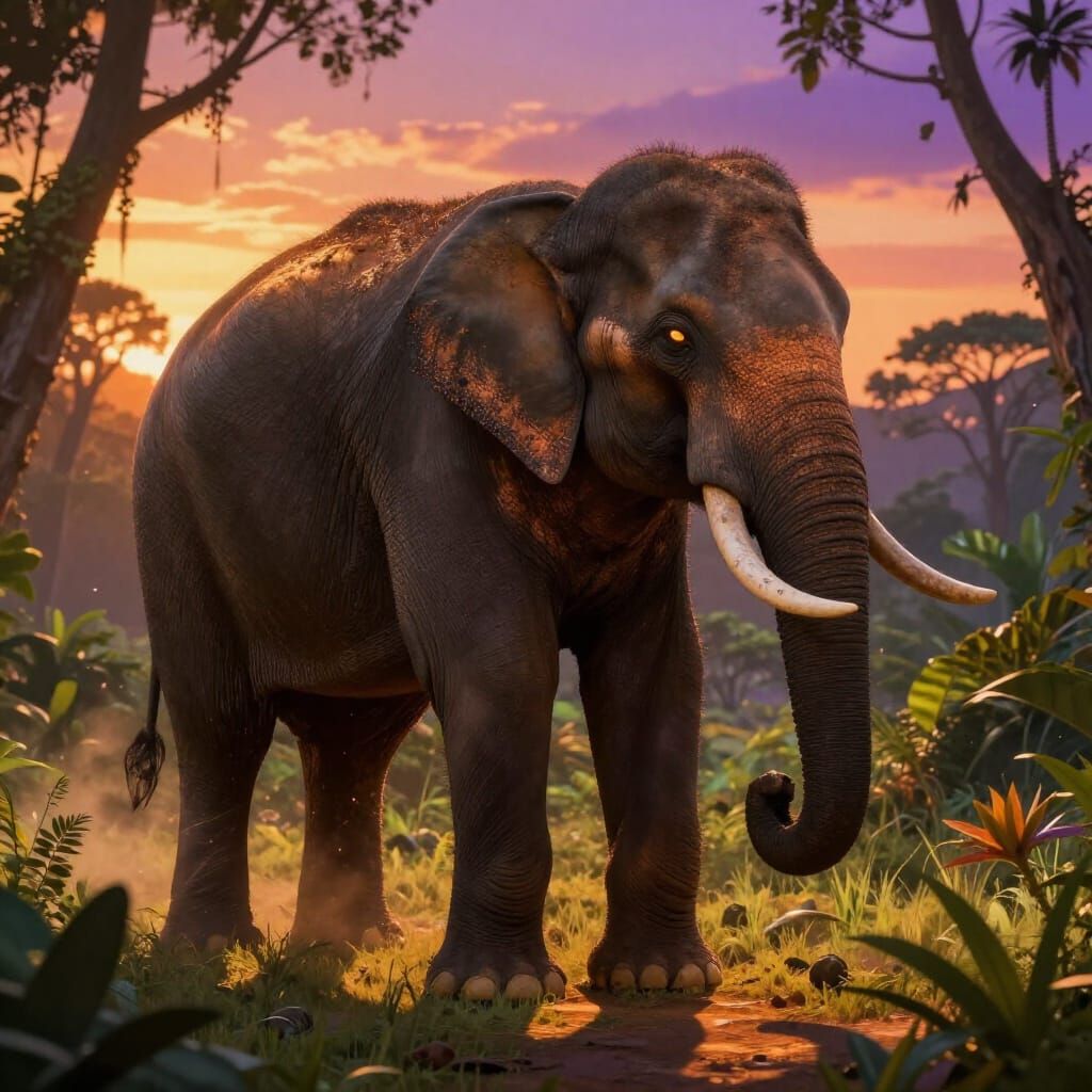 Surreal Elephant Car in Jungle at Sunset