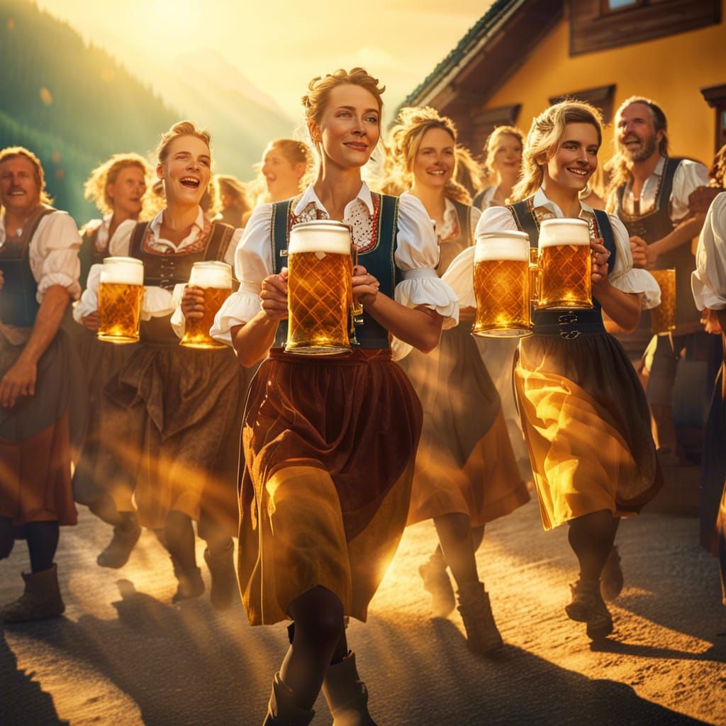 Oktoberfest Celebration in Bavarian Mountains at Golden Hour