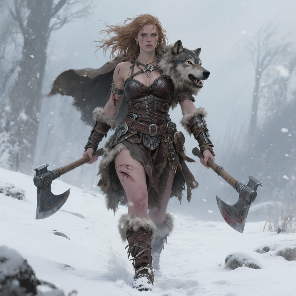Proud Barbarian Woman in Fur Armor with Great Axe