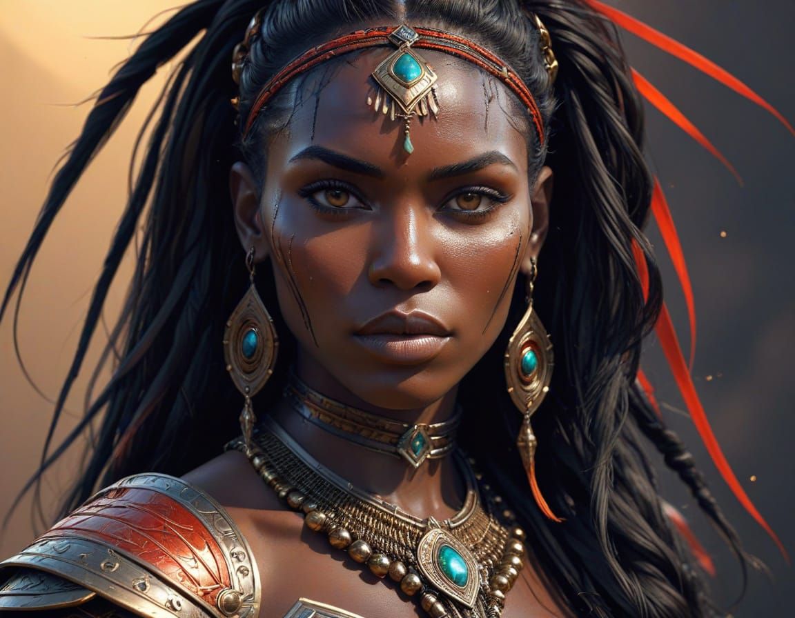 Regal African Warrior Queen in Vibrant Triadic Colors