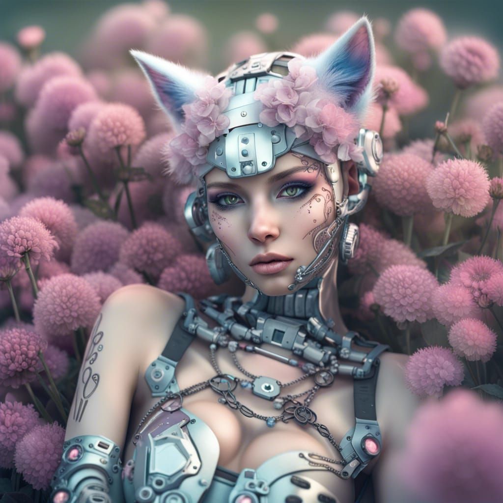 Hyperrealistic Catgirl Cybergoth in Pastel Flower Field