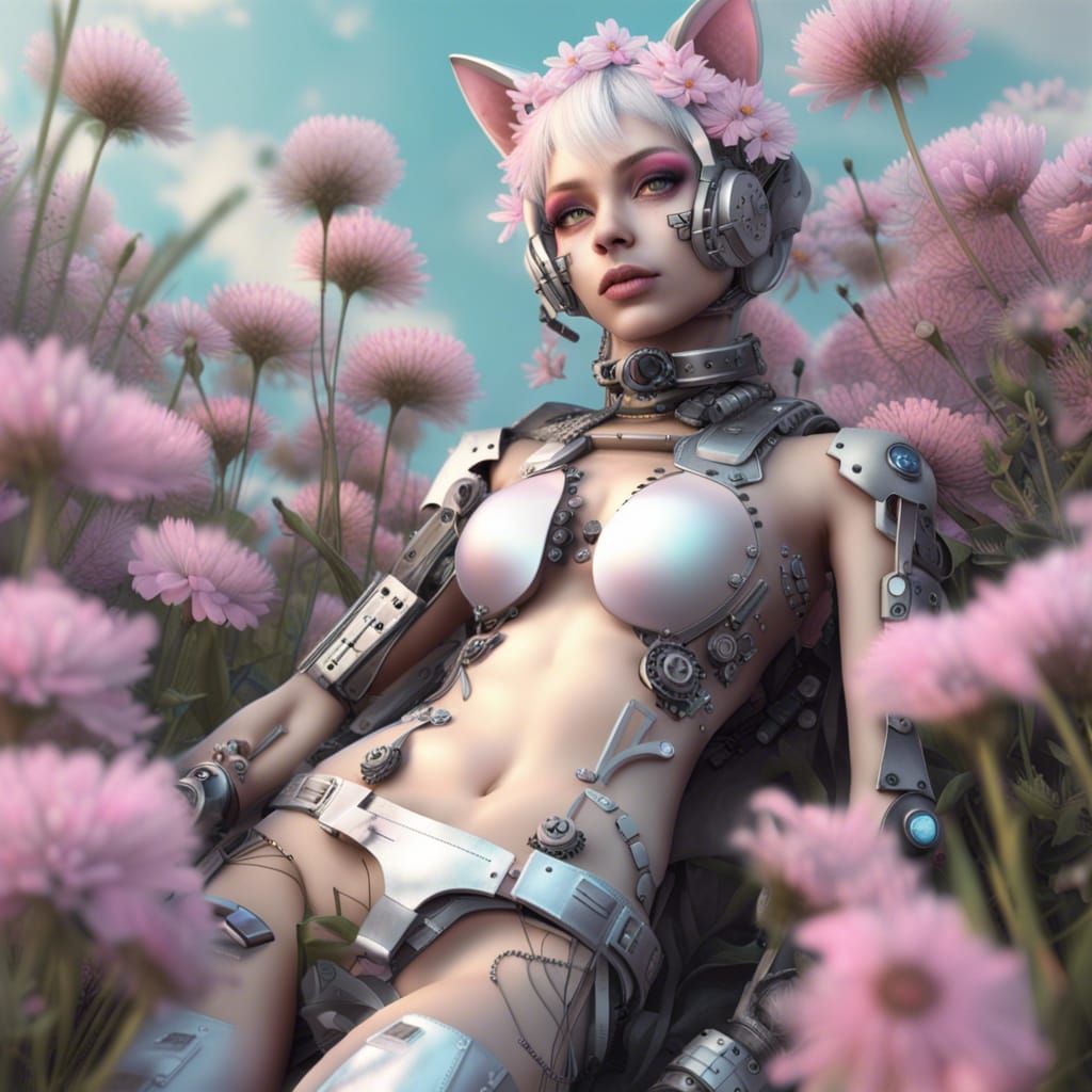 Hyperrealistic Cybergoth Catgirl in Pastel Flower Field