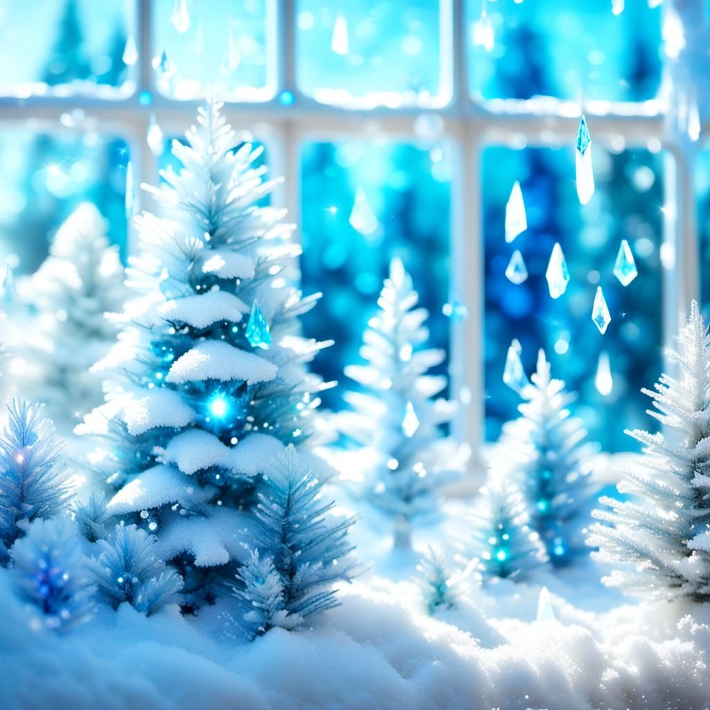 Sparkling Frosty Christmas Trees in Conservatory