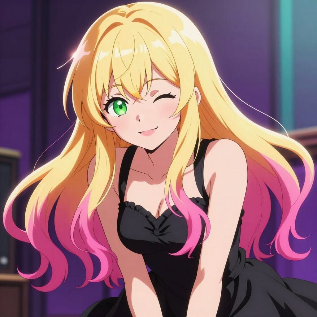 Anime Style Woman with Pink Hair and Green Eyes