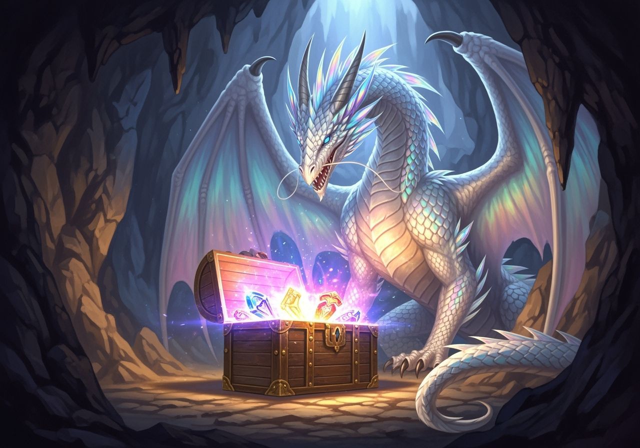 Majestic Dragon Guarding Glowing Treasure Chest