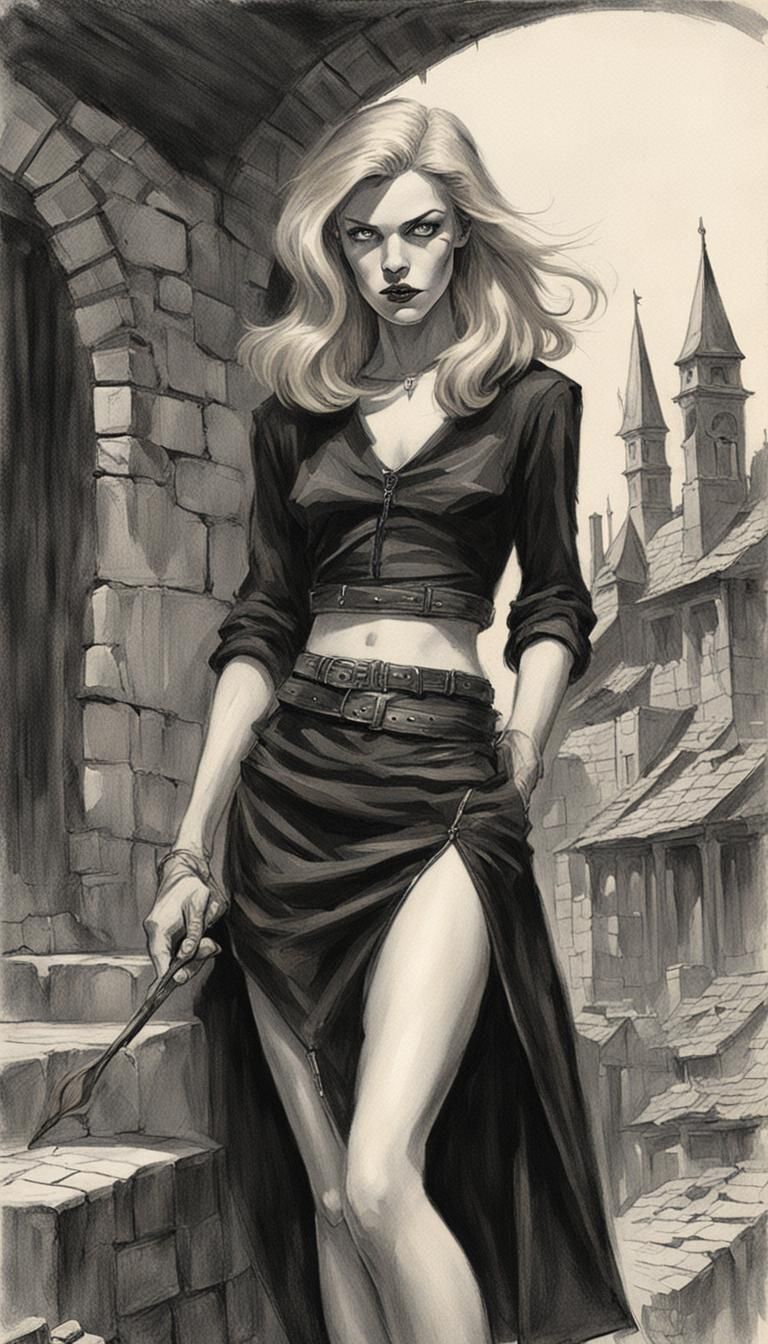 Pulp fantasy witch. Alluring. Reddish-blonde hair. Fantasy setting. Pencil skirt slit up the side. Bare midriff. Twenty ...