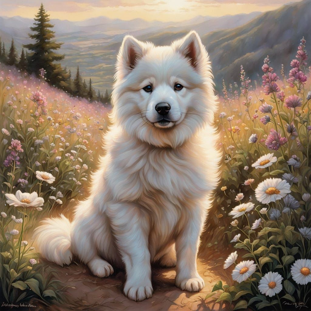 Samoyed Puppy in Wildflower Field, Hyperrealistic Fantasy Ar...