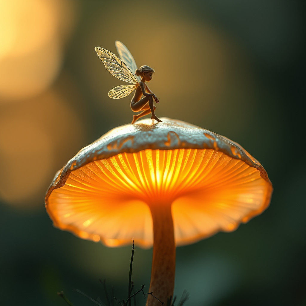 Fairy on Iridescent Mushroom, Hyper-Realistic Art